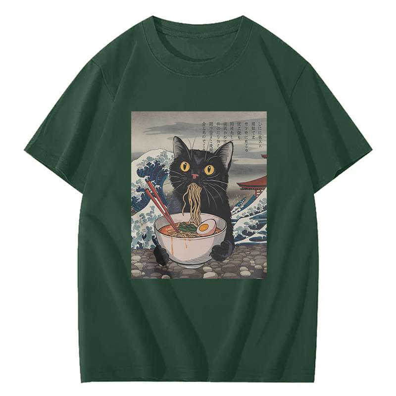 Ukiyo-E Black Cat Ramen Print Short Sleeved Crew Neck T-Shirt - Green - 2XL - image 7