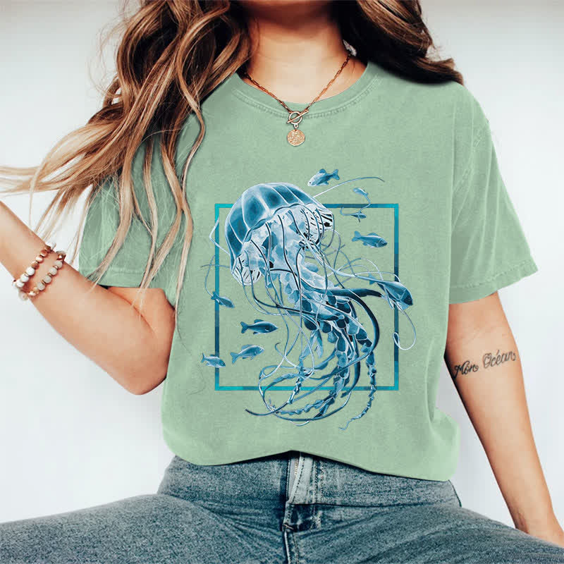 100% Cotton Women's Fantasy Jellyfish Surrounded By Fish Art Print Casual T-shirt - Green - 2XL - image 10