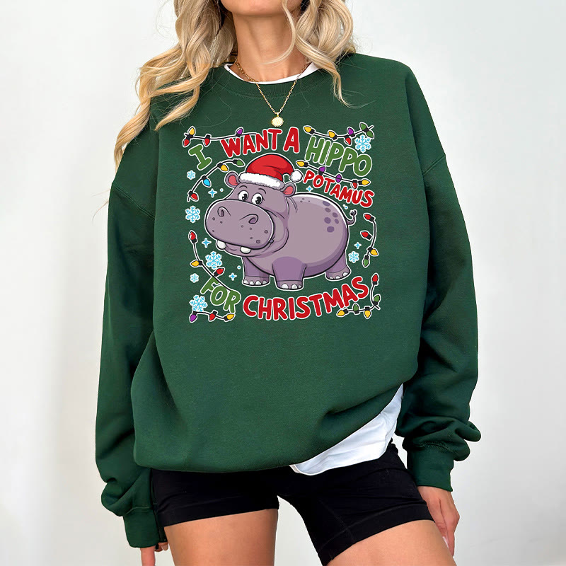 Unisex 100% Cotton Cute Hippopotamus For Christmas Print Round Neck Sweatshirt - Dark Green - 2XL - image 4