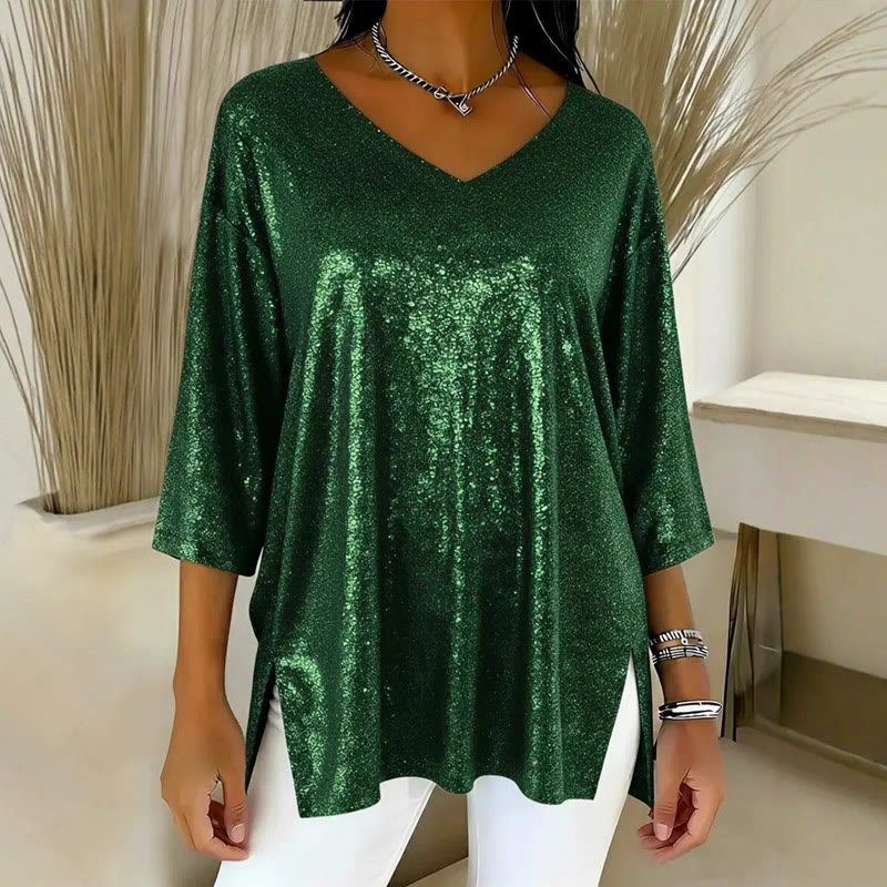 Sparkly Hem slit V-Neck Top - Green - 3XL - image 6