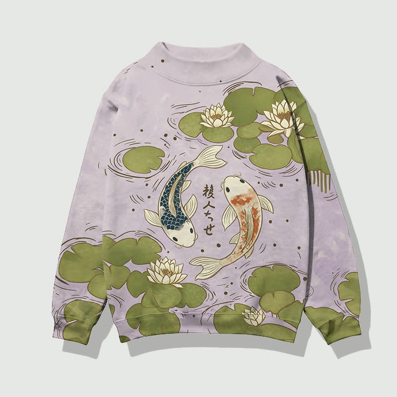 Japanese Koi In The Lotus Pond Pattern Print Mock Neck Sweatshirt - Purple - 4XL - image 3