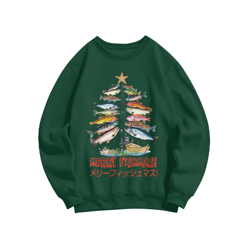 100% Cotton Merry Fishmas! Funny Fish Christmas Tree Print Crew Neck Sweatshirt - Green - US16-18(2XL) - image 2