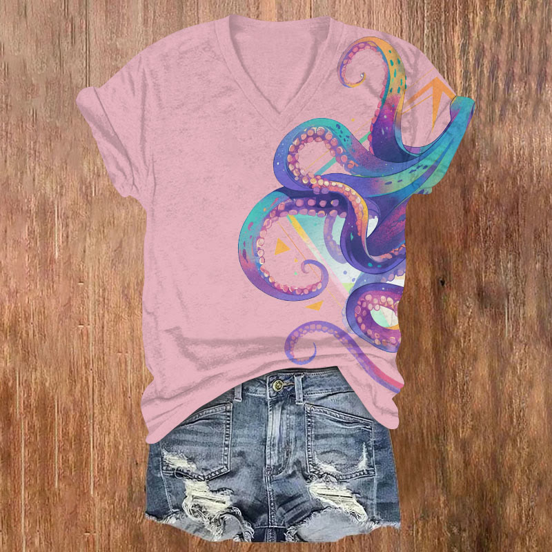 Watercolor Ombre Rainbow Octopus Art Print V-neck T-shirt - Pink - US32-34(5XL) - image 4