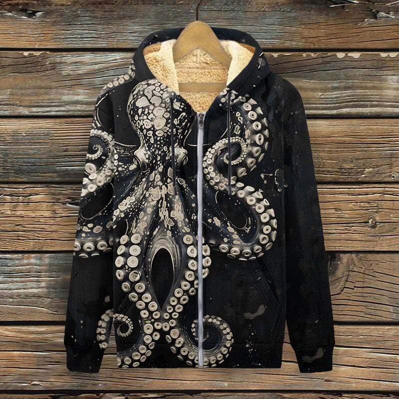Vintage Octopus Art Print Fleece Jacket - Beige - 4XL - image 5