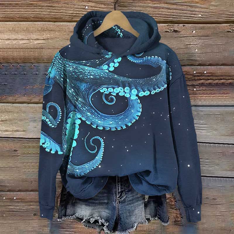 Octopus Starry Sky Art Print Long Sleeve Hoodie - Blue - 8XL - image 1