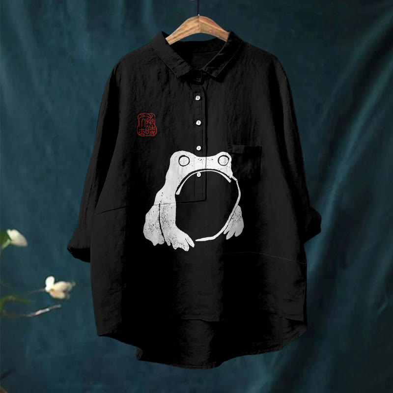 Frog Ancient Japanese Art Print Casual Lapel Blouse
