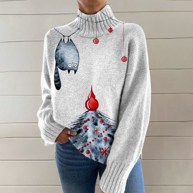 Retro Christmas Funny Cats Print Turtleneck Pullover Sweater - image 2