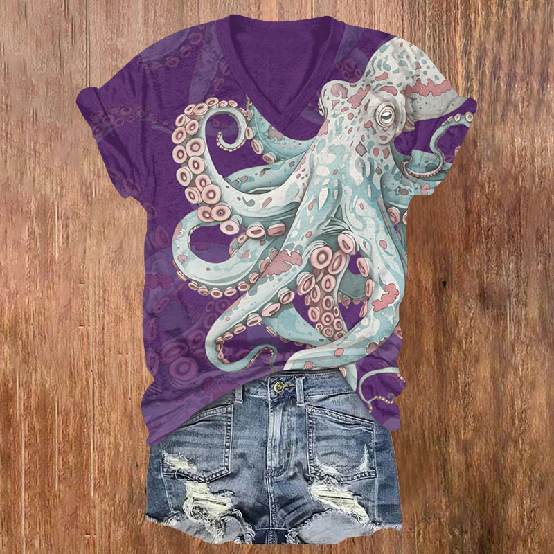 Vintage Giant Leopard Octopus Print V-neck T-shirt - Purple - US32-34(5XL) - image 4