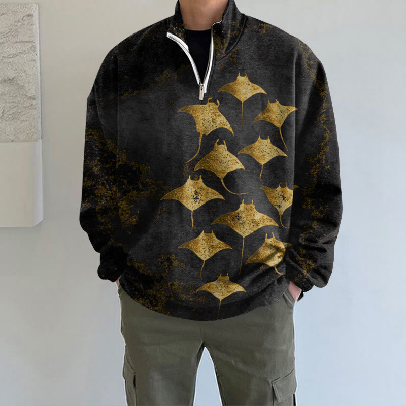 Men's Vintage Manta Ray Art Print Long Sleeve Zipper Sweatshirt - Black - 5XL - image 6