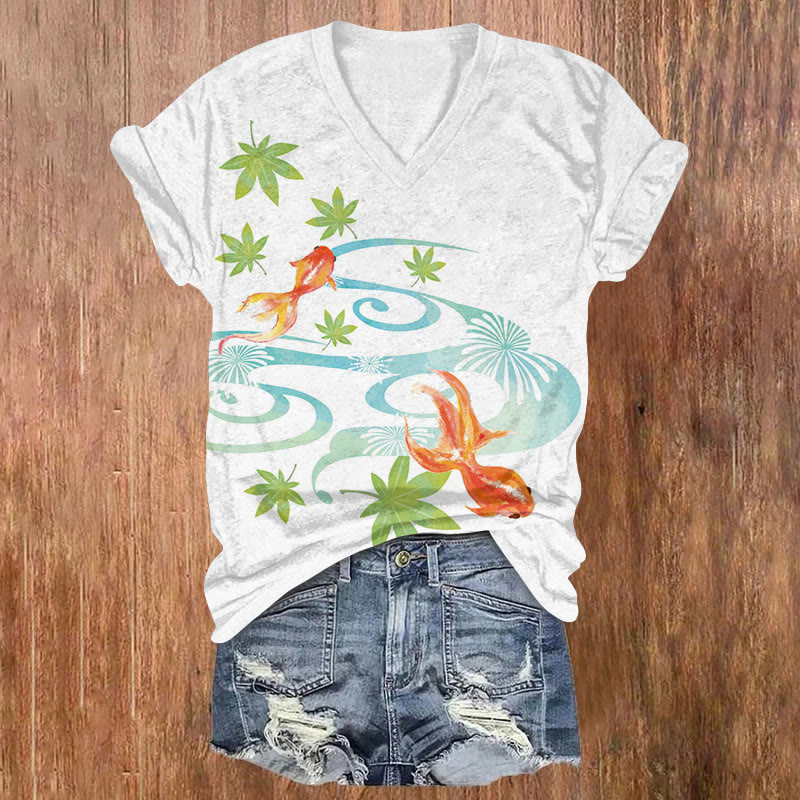 Japanese Vintage Goldfishes And Maple Leaves Pattern Print Short Sleeved V-neck T-shirt - White - US32-34(5XL) - image 3