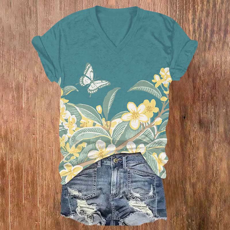 Lovely Cartoon Floral & Butterfly Art Print V-neck T-shirt - Green - US32-34(5XL) - image 3