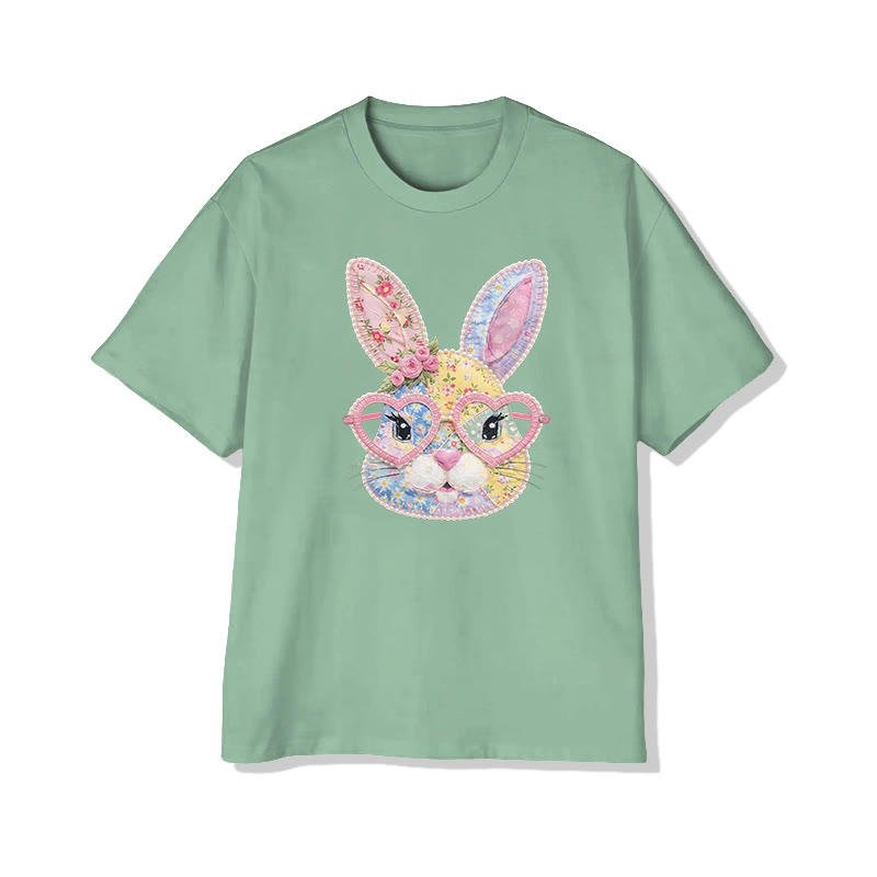 Easter Glasses Bunny Garden Flowers Print Pattern Cotton Print T-shirt - Light Green - US16-18(2XL) - image 8