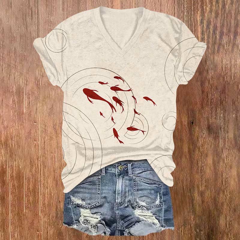 Vintage Bubble Goldfish Art Print V-neck T-shirt - Apricot - US32-34(5XL) - image 3