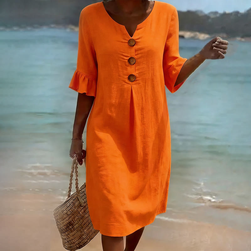 Elegant Cozy Solid Notched Collar Button Ruffled Half Midi Dress - Orange - 3XL - image 4