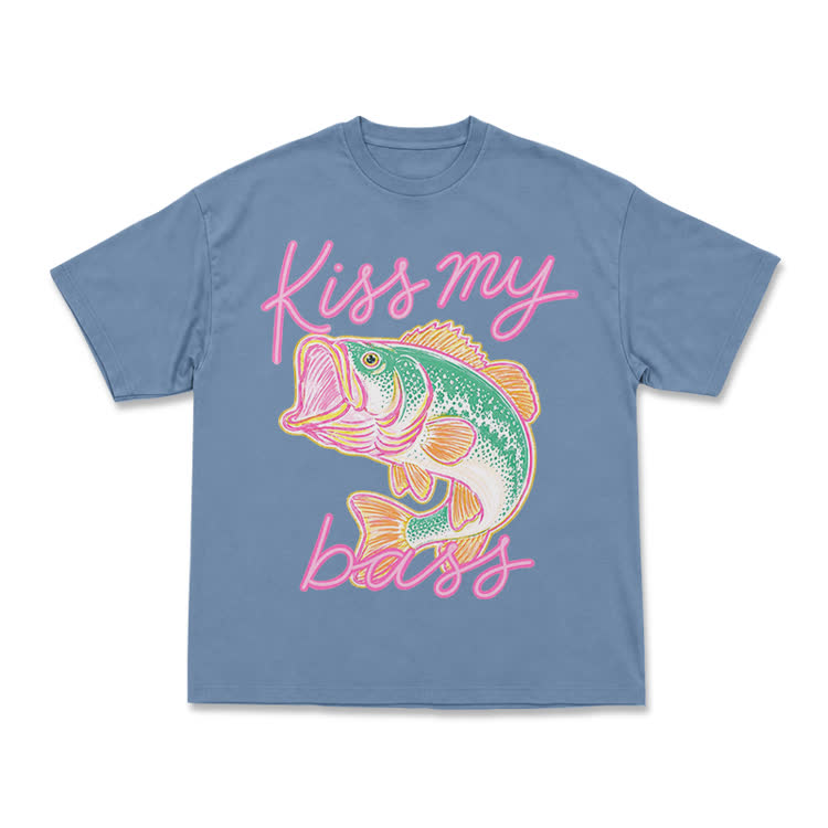 Casual Kiss My Bass Fish Graphic T-Shirt - Dusty Blue - US16-18(2XL) - image 15