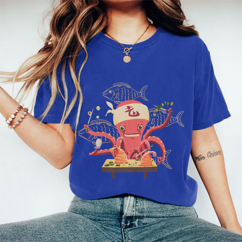 100% Cotton Japanese Octopus Making Sushi Art T-shirt - Royal Blue - 2XL - image 2