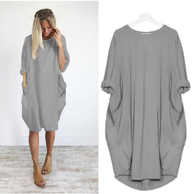 Women's Solid Color Loose Elegant Casual Long-sleeved Pocket Dress - Grey - 8XL - image 7