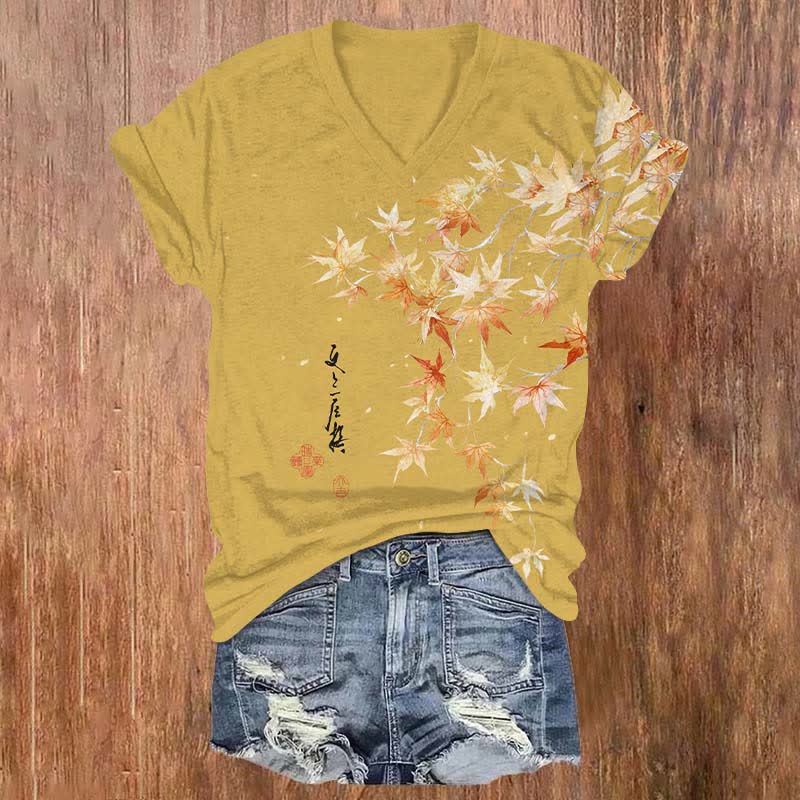 Japanese Watercolor Maple Leaf In Fall Art Print V-neck T-shirt - Yellow - US32-34(5XL) - image 3