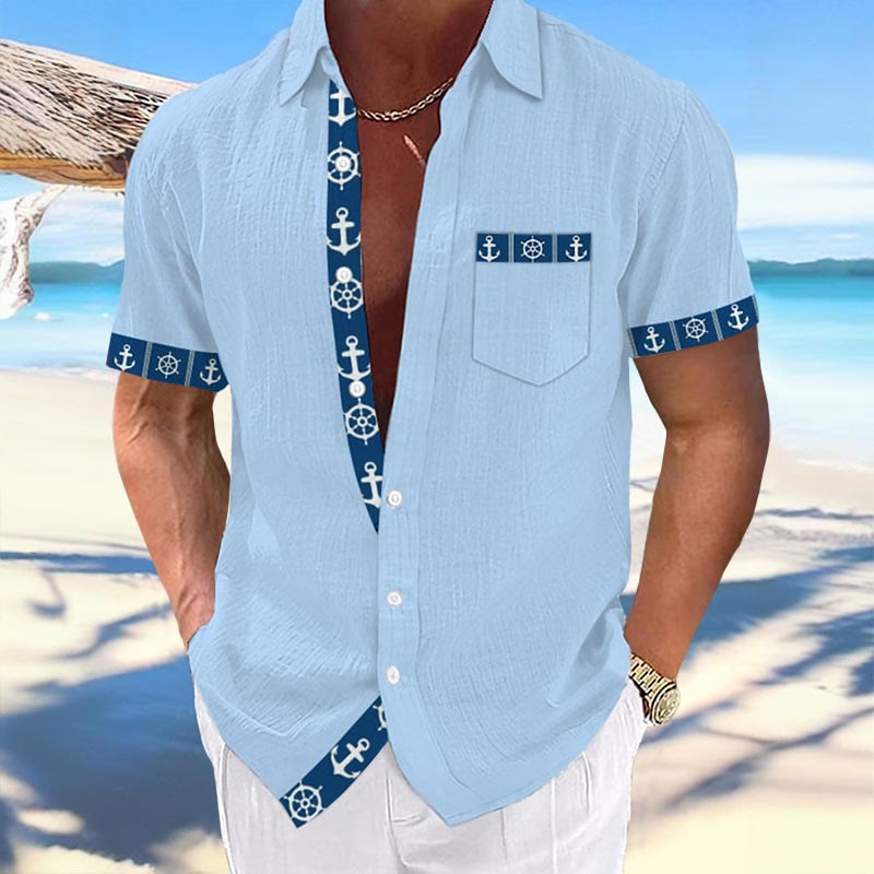 Men's Summer Vacation Anchor Print Lapel Shirt - Blue - 5XL - image 5