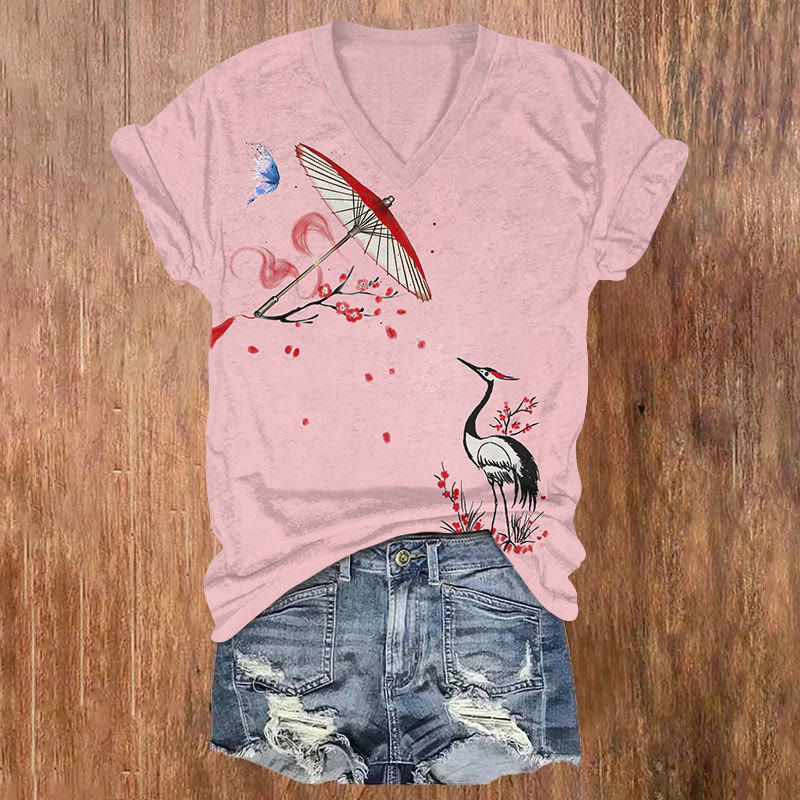  Japanese Sakura Crane & Butterfly Umbrella Art T-shirt - Pink - US32-34(5XL) - image 2