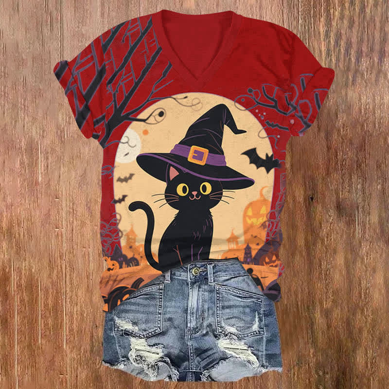Halloween Lovely Wizard Black Cat Print V-neck T-shirt - Red - US32-34(5XL) - image 4