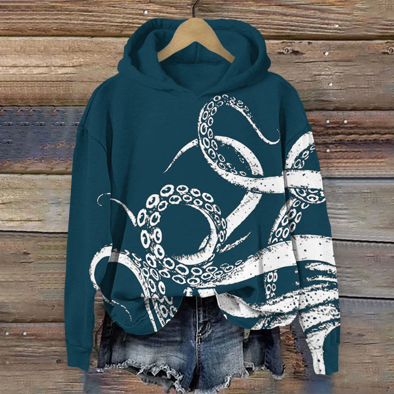 Contrast Octopus Tentacles Print Long Sleeve Hoodie - Blue - 8XL - image 3