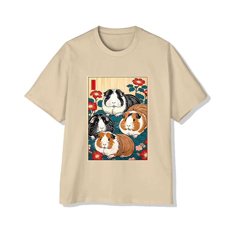 Unisex Japanese-style Guinea Pig Pattern Print Short Sleeved Crew Neck T-shirt - Apricot - 2XL - image 4