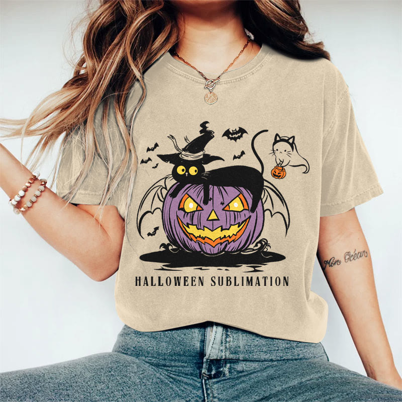 100% Cotton Women's Halloween Wizard Cat Lying On Pumpkin Art Print Casual T-shirt - Khaki - 2XL - image 4