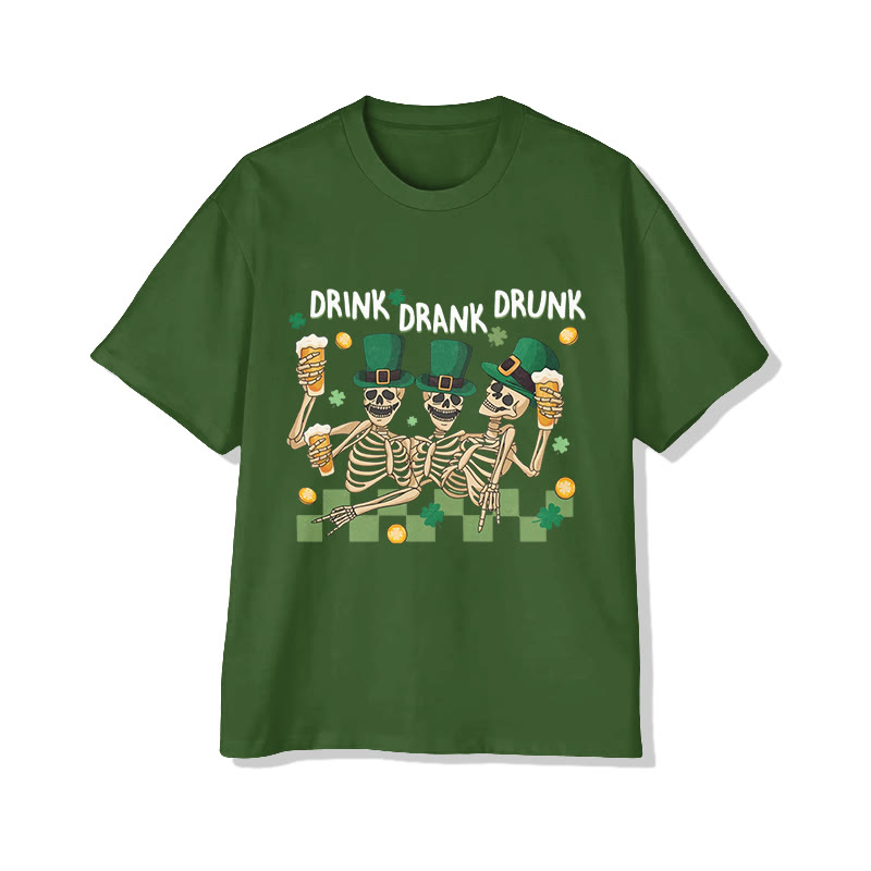 Unisex St. Patrick's Day Cheering Skeleton Man Print Short Sleeved Crew Neck T-shirt - Green - 2XL - image 3