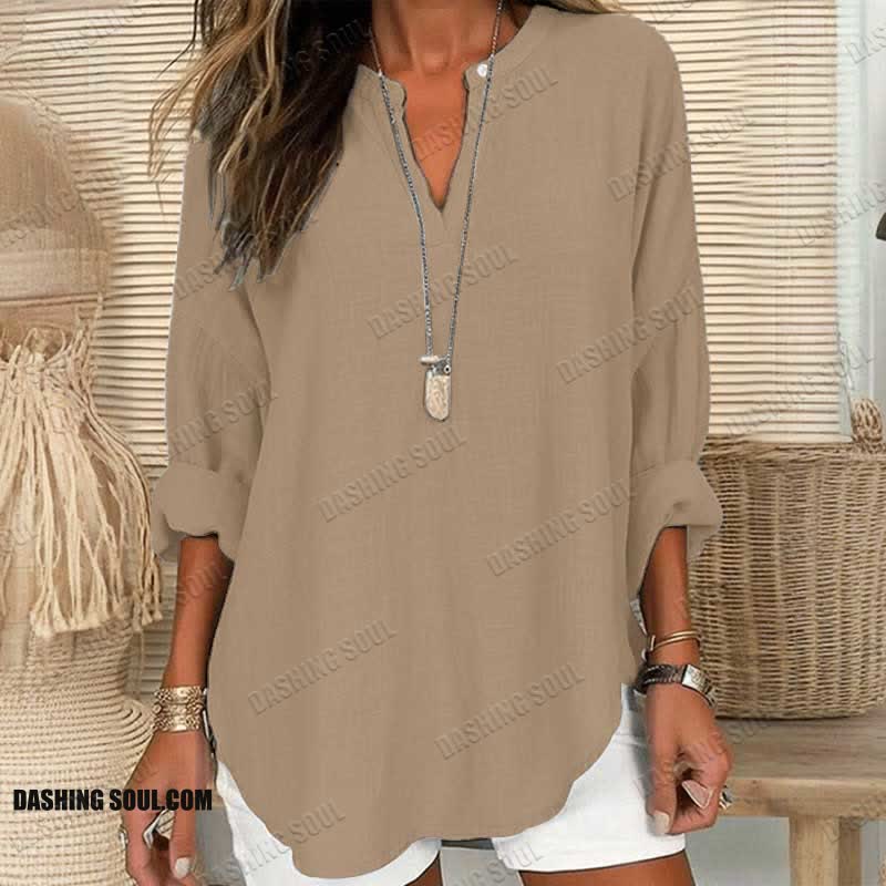 Women's Solid Color V Neck Long Sleeve Blouse