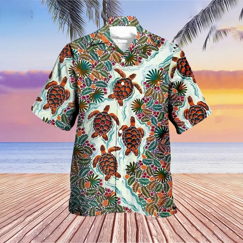 Vintage Turtle Print Hawaiian Short Sleeve Shirt - Orange - 6XL - image 1