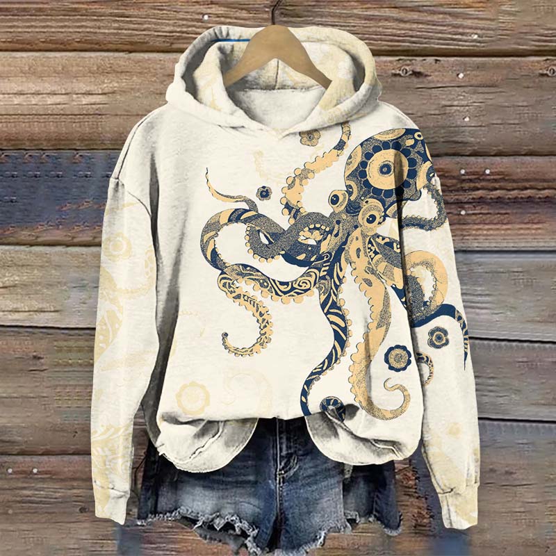 Funny Abstract Floral Pattern Octopus Print Long Sleeve Hoodie - Beige - US44-46(8XL) - image 4