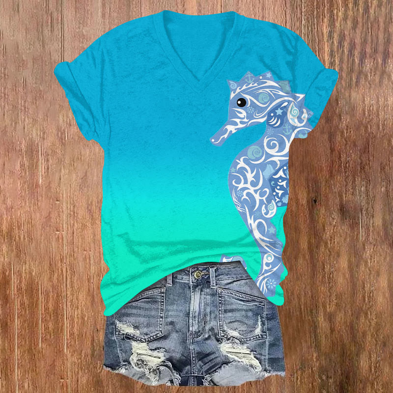 Ombre Simple Color Ethnic Pattern Seahorse Print V-neck T-shirt - Lake Blue - US32-34(5XL) - image 2