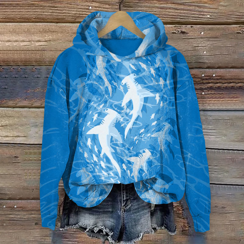 Ocean School Of Fishes Print Long Sleeve Hoodie - Blue - US44-46(8XL) - image 2
