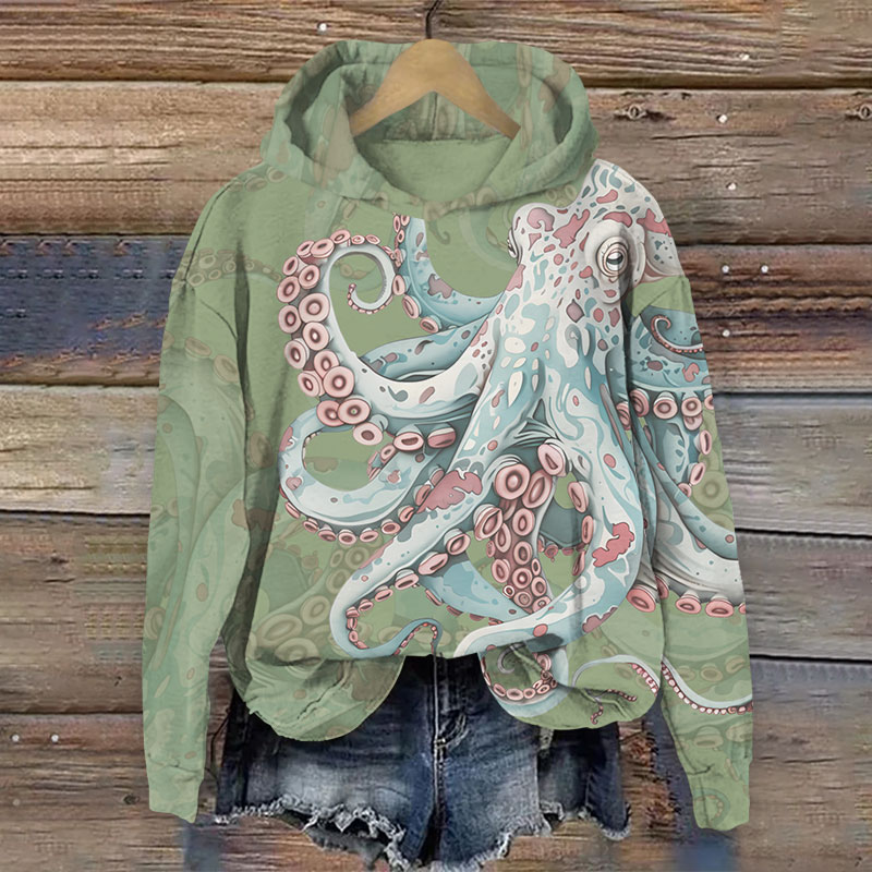 Vintage Giant Leopard Octopus Print Long Sleeve Hoodie - Green - US44-46(8XL) - image 4