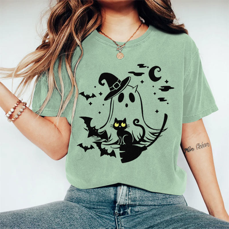 100% Cotton Women's  Halloween Wizard Hat Ghost & Black Cat Art Print Casual T-shirt - Green - 2XL - image 5