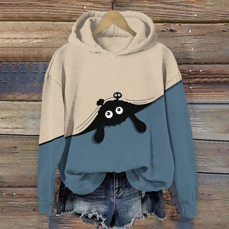 Women's Japanese Creative Cat Covered With Quilt Print Long Sleeve Hoodie - Dark Blue - 8XL - image 6