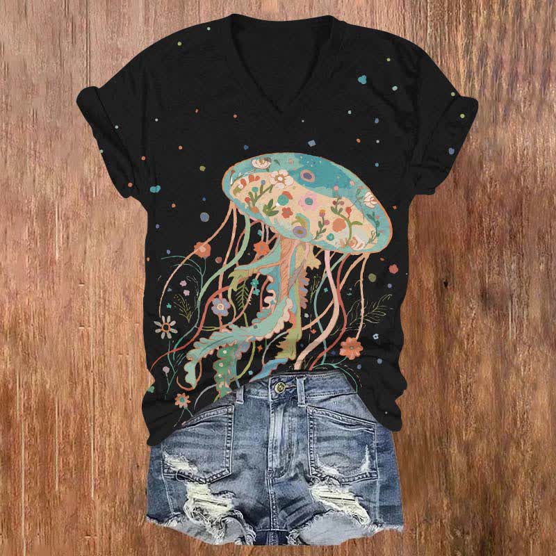 Japanese Creative Floral Jellyfish Art Print V-neck T-shirt - Black - US32-34(5XL) - image 6