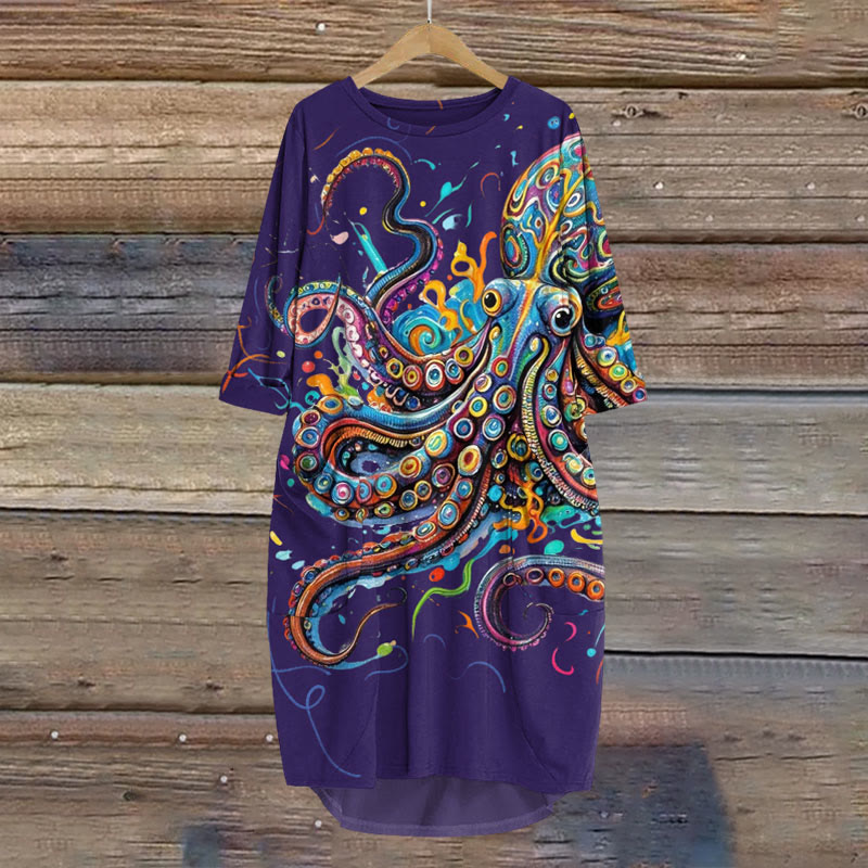 Vintage Rainbow Octopus Art Print Crew Neck Dress - Royal Blue - 8XL - image 2