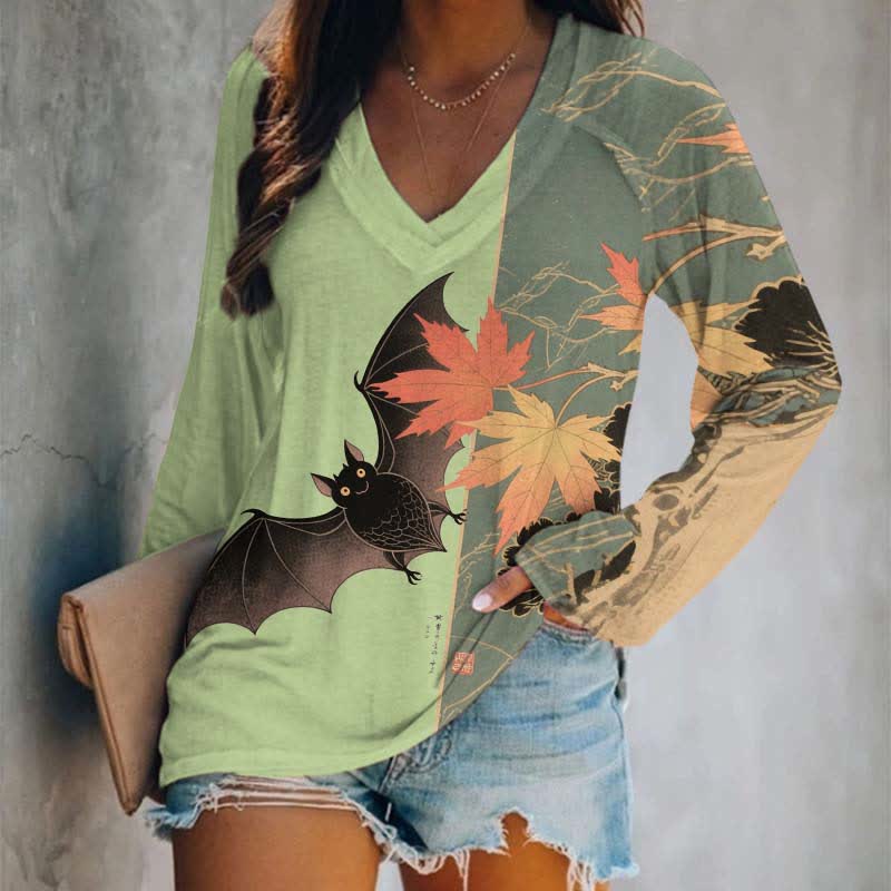 Halloween Cute Bat & Maple Leaf Art Print Long Sleeve T-shirt - Green - 5XL - image 4