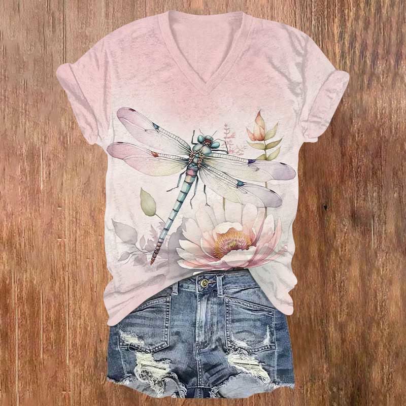 Japanese Vintage Dragonfly & Floral Art Print V-neck T-shirt - Pink - US32-34(5XL) - image 2