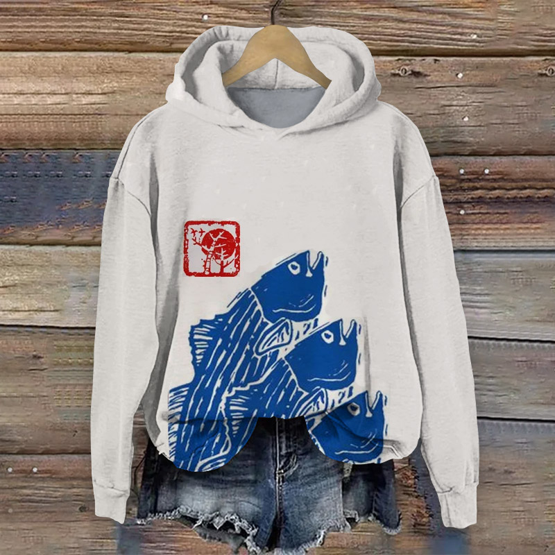 Simple Fish Print Casual Long Sleeve Hoodie - White - 8XL - image 1