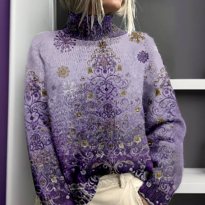 Women's Abstract Christmas Tree ＆ Snowflake Print Turtleneck Pullover Sweater - image 2