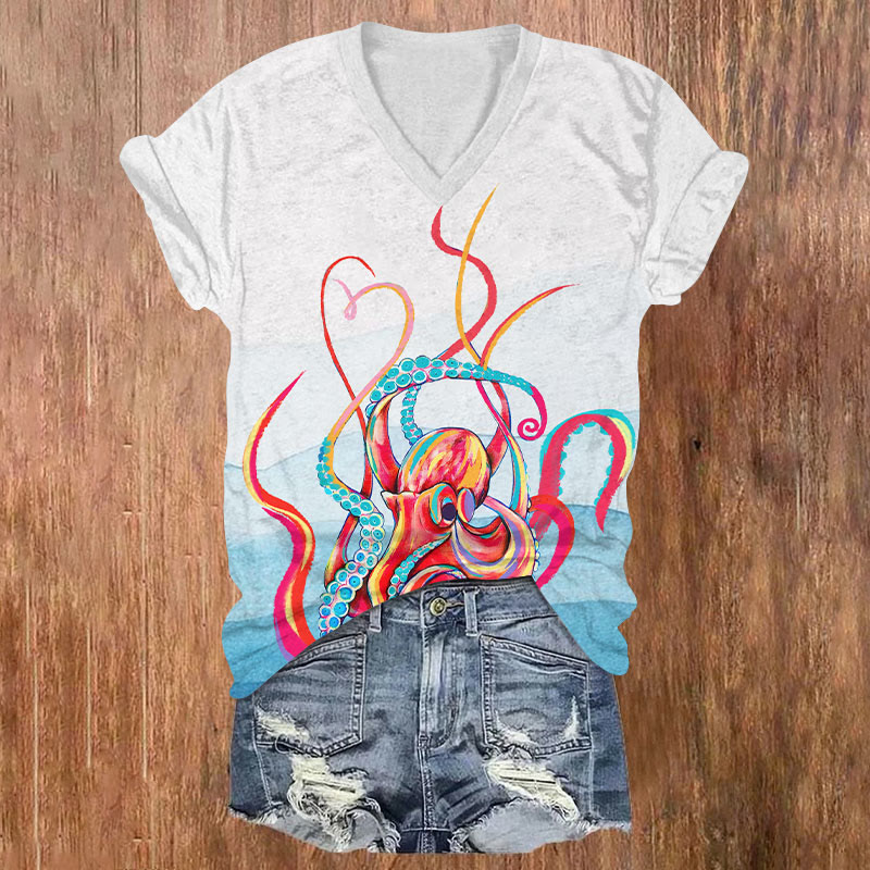 Funny Dancing Rainbow Octopus Art T-shirt - White - US32-34(5XL) - image 3