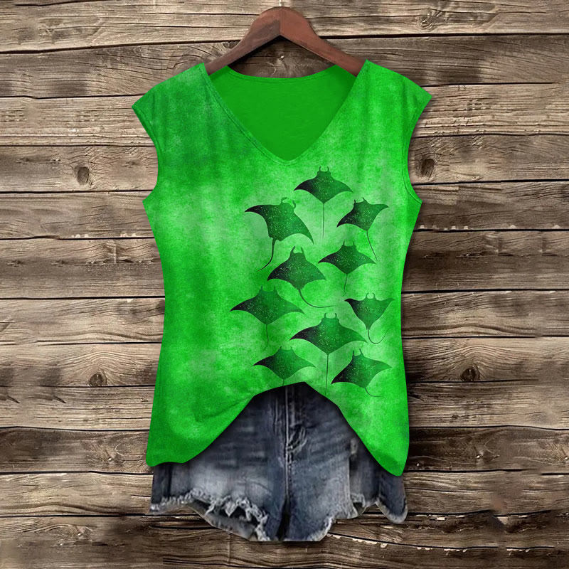 Vintage Manta Ray Art Print V Neck Casual Tank Top - Green - 5XL - image 6