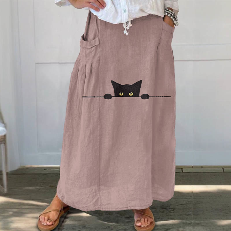 Women's Casual Black Cat Print Casual Pocket Skirt - Pink - 5XL - image 5