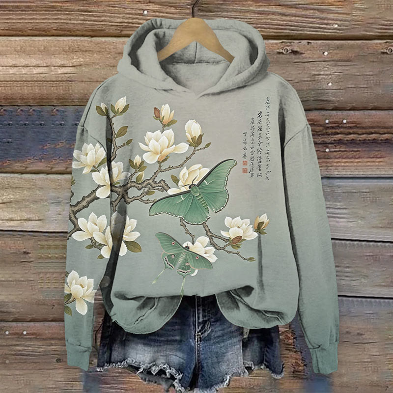 Vintage White Magnolia Flower & Butterfly Art Print Long Sleeve Hoodie - image 4