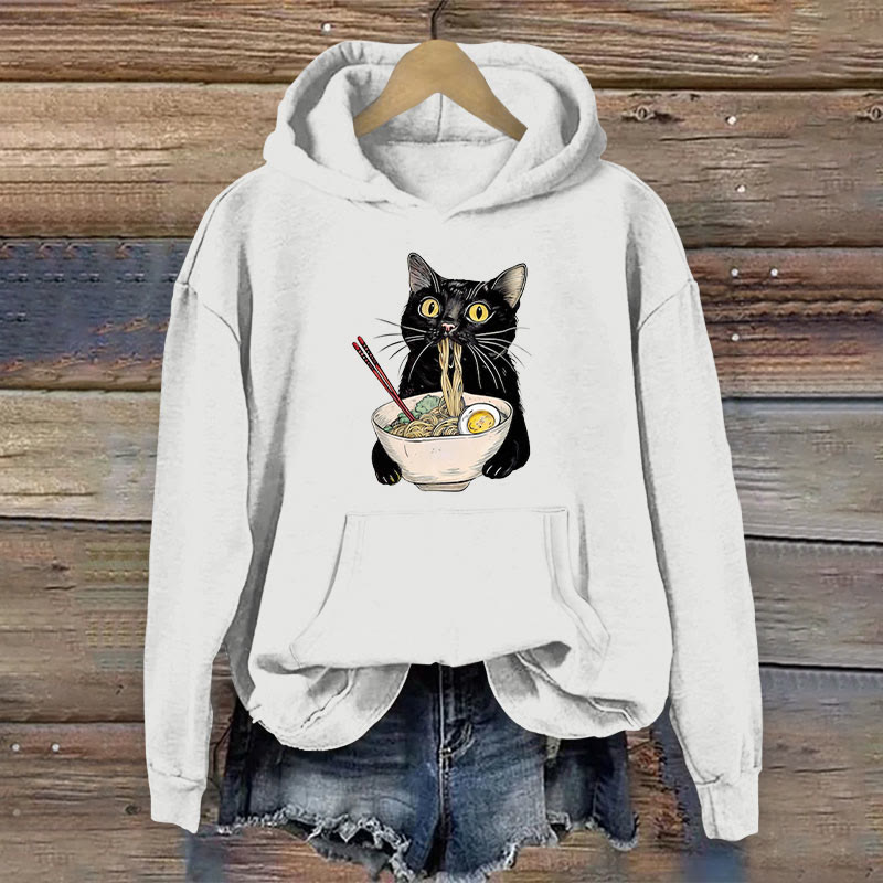 100% Cotton Japanese Lovely Black Cat Eating Noodles Print Women's Hoodie - White - 2XL - image 2