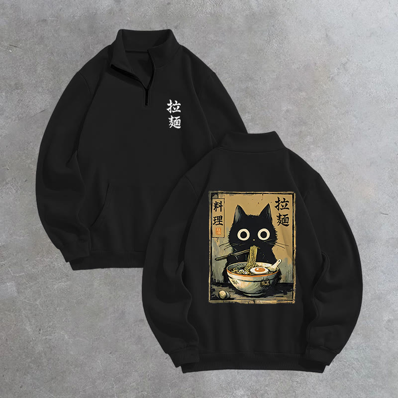 Unisex Cute Black Cat Eating Ramen Japan Classic Print Zip Sweatshirt - Black - US16-18(2XL) - image 6