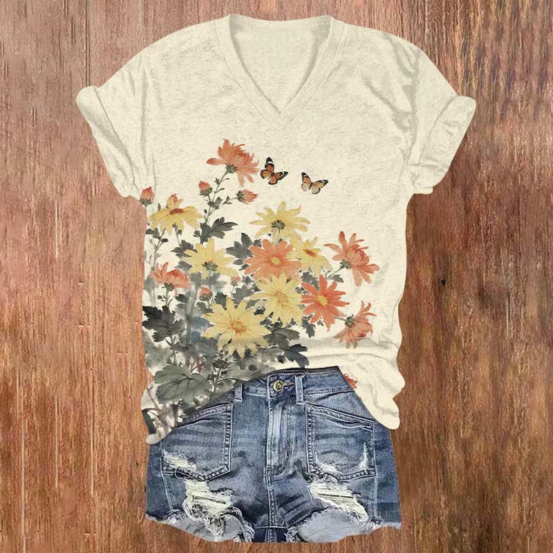 Butterflies And Flowers Art Print V-neck T-shirt - Beige - US32-34(5XL) - image 4